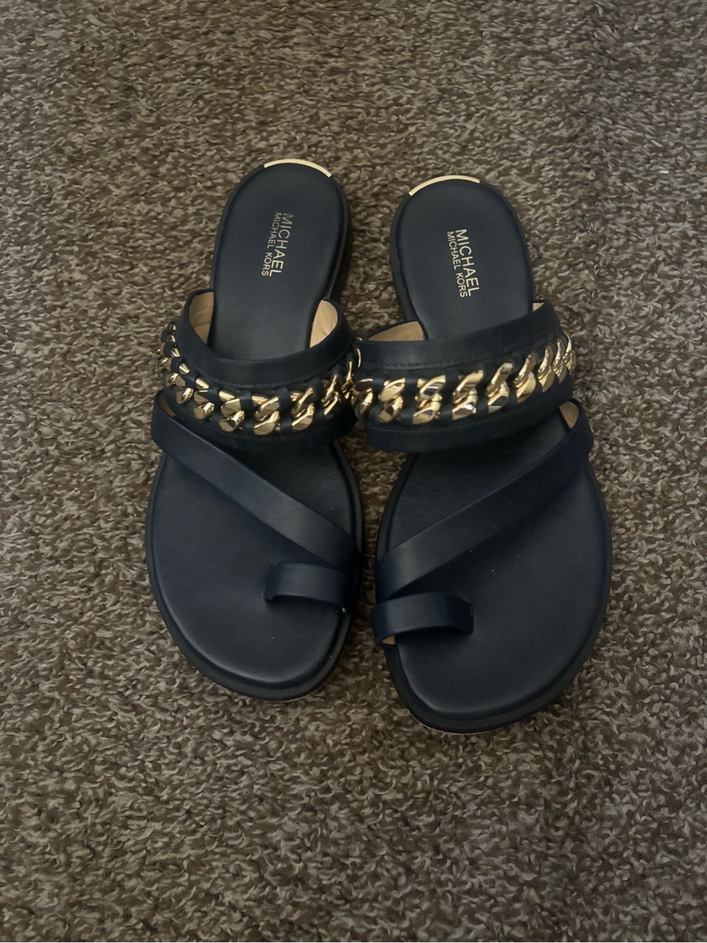 MICHAEL Michael Kors Blue Slide Sandals with Gold Chain Accent